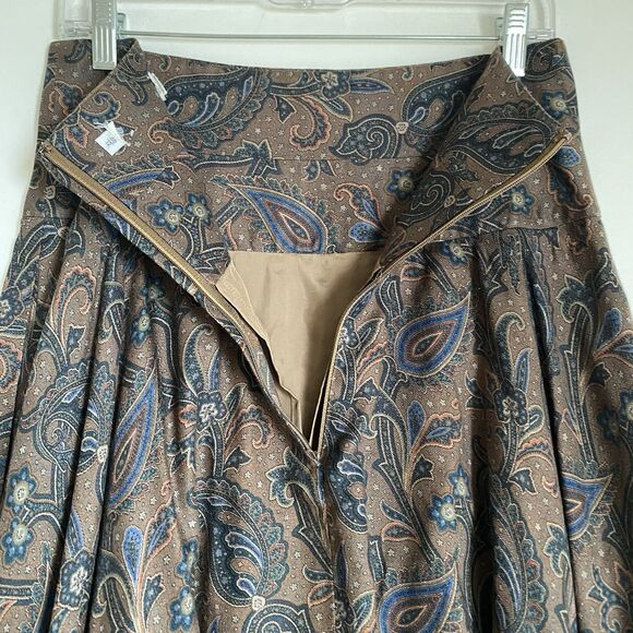 Vintage Midi Pleated Skirt M Olive Green Paisley Wool Silk Prairie Cottagecore - Picture 8 of 8